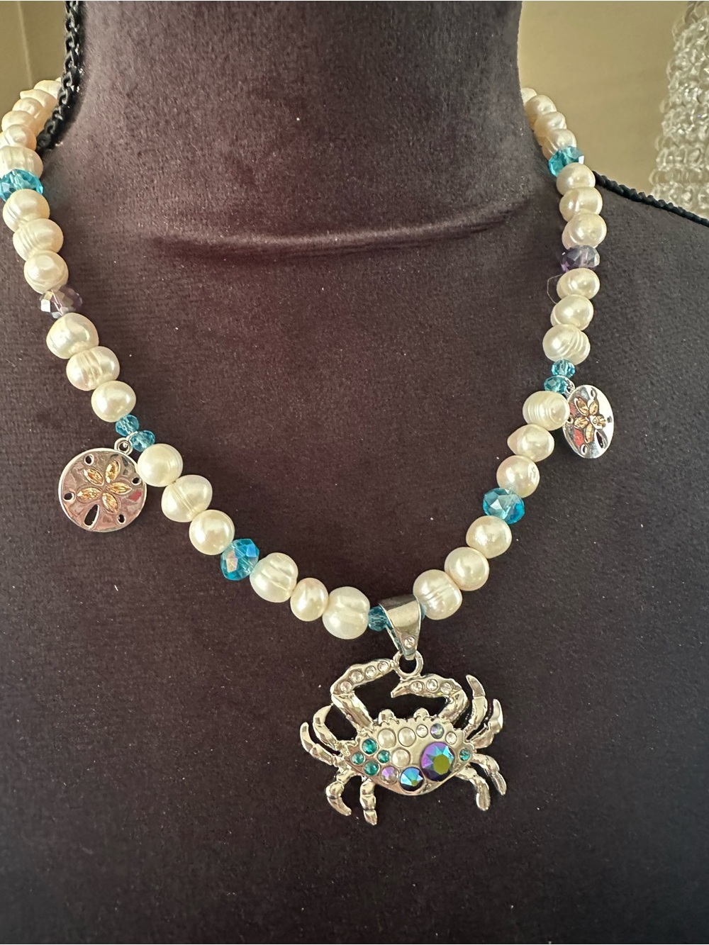 White Pearl Necklace with Swarovski Crystal Accents and Silver Crab Pendant - Picture 5 of 6